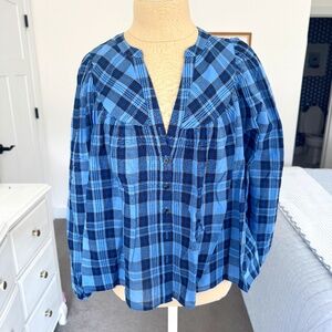 Draper James Plaid Blue Top V-Neck Buttons 3/ Sleeves Size XS